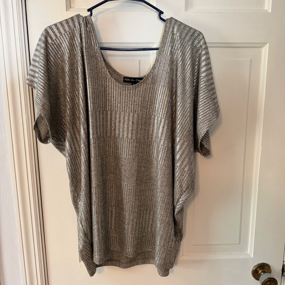 Kim & Cami Womens XL Silver Metallic Knit Dolman Sleeve Scoop Neck Top